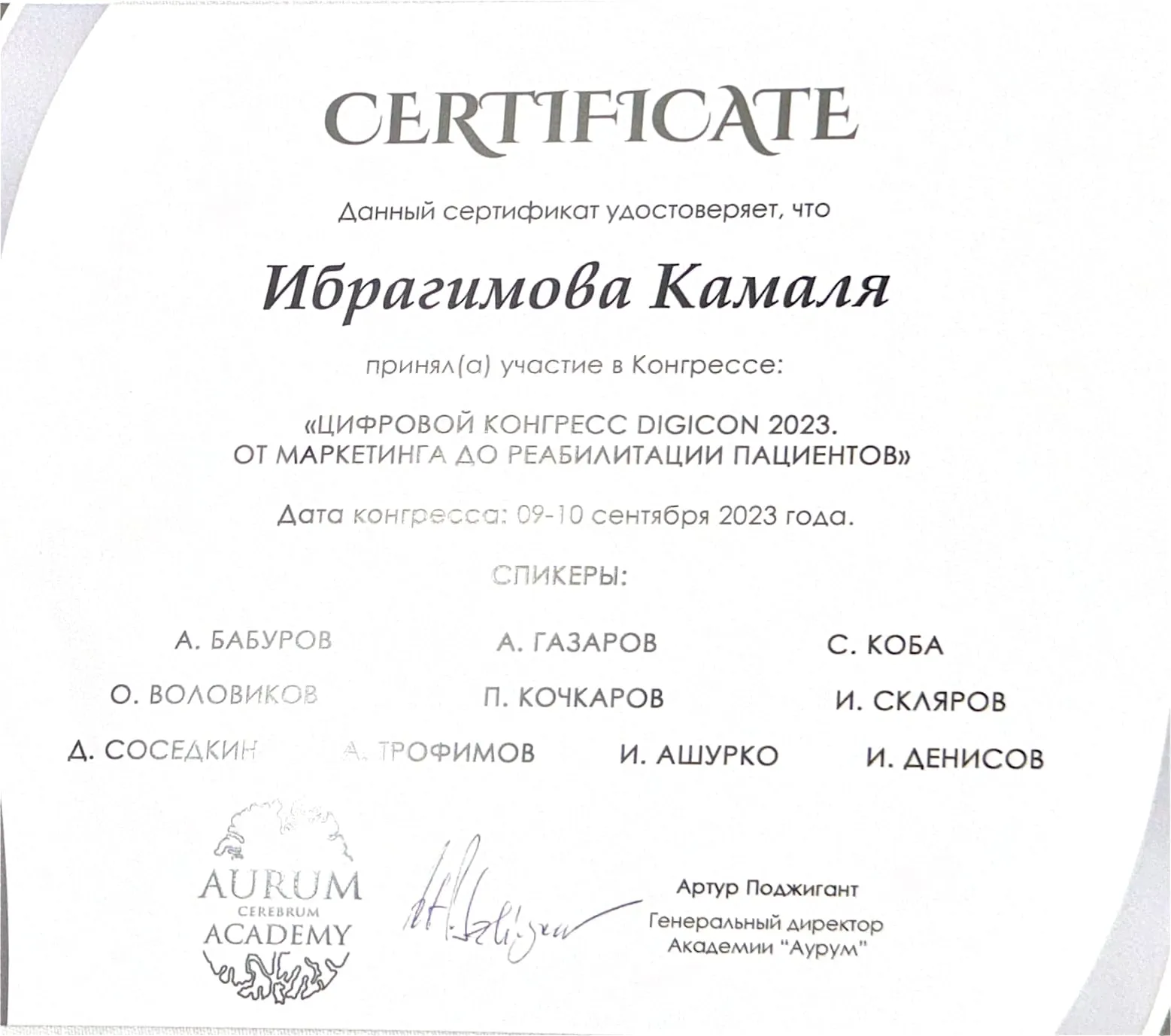 Сертификат: Цифровой конгресс DIGICON 2023